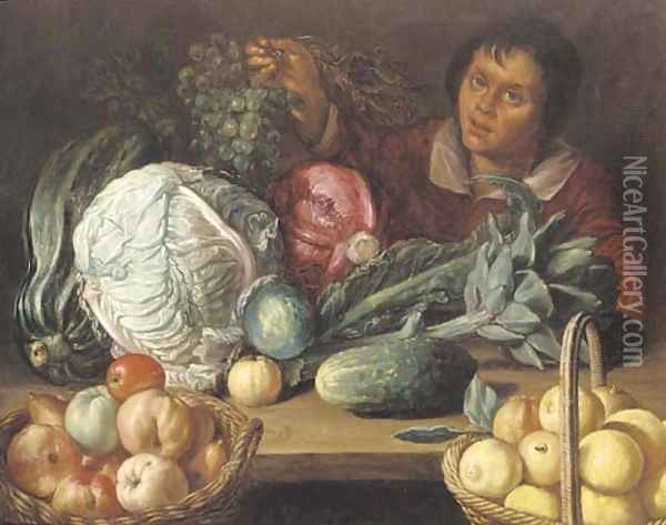 A still life of vegetables and fruit with a youth holding a bunch of grapes Oil Painting - Cornelis Willemsz. Eversdyck