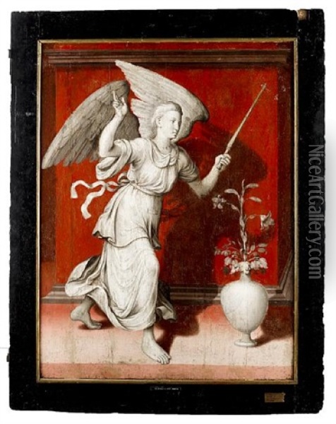The Annunciating Angel (+ The Death Of The Virgin; 2 Works From A Triptych) Oil Painting - Pieter Jansz Pourbus