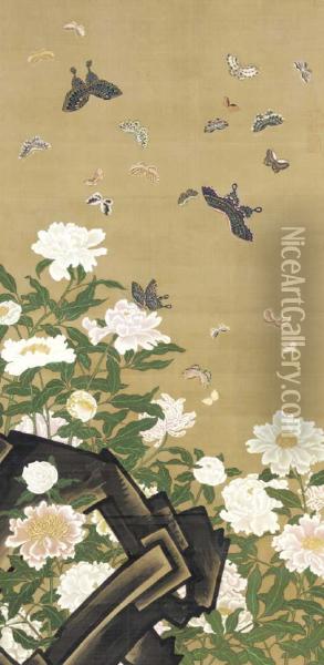 Butterflies And Peonies Oil Painting - Ito Jakuchu