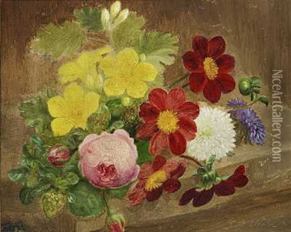 En Broget Buket Blomster Pa En Stenkarm Oil Painting - E.C. (Emil C.) Ulnitz