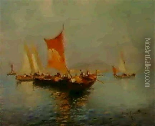 Fishermen In The Bay Of Naples Oil Painting - Oscar Ricciardi