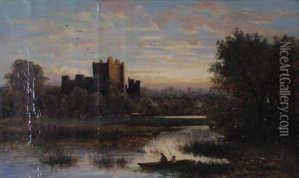 Leeds Castle, Kent England, With Figures In Boat Fishing On A Lake Oil Painting - John Callow