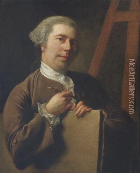 Portrait Of The Artist In A Brown Coat, Holding A Canvas With A Pen In His Right Hand, An  Easel In The Background Oil Painting - Nathaniel Hone the Elder