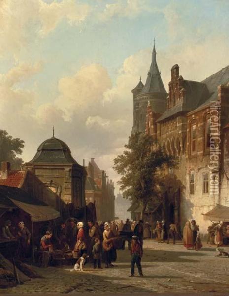 A Busy Market In A Dutch Town Oil Painting - Cornelis Springer