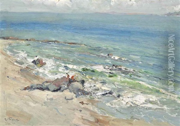 Figures Playing By The Shore, Ischia, Punta Molino In The Distance Oil Painting - Giuseppe Casciaro