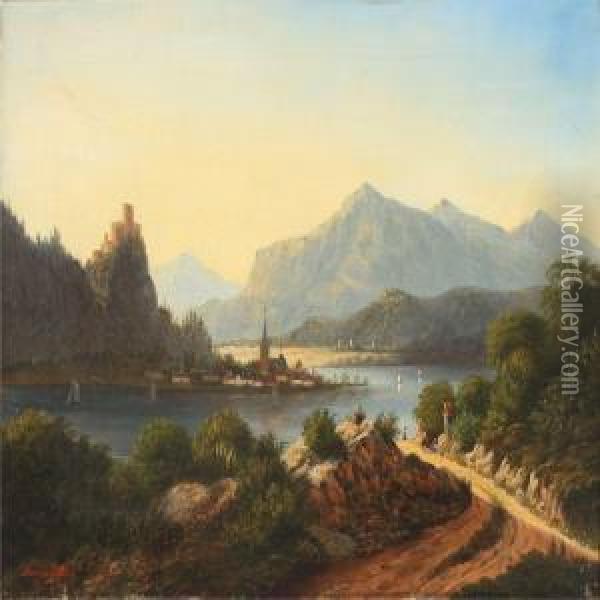 Swiss Mountainscape With Village And Sailing Boats On The River Oil Painting - Andrea Taftrup