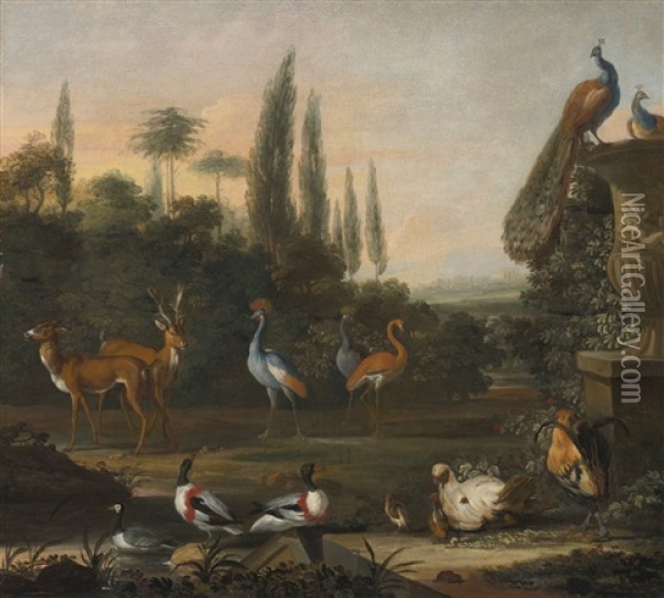 Landscape With Deer And Exotic Birds Oil Painting - Abraham Jansz. Begeyn
