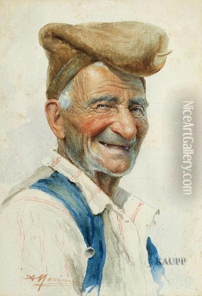 Brustbildnis Eines Alten Lachelnden Sardischen Bauern In Hellem Hemd Mit Blauer Weste Oil Painting - C. Moriani