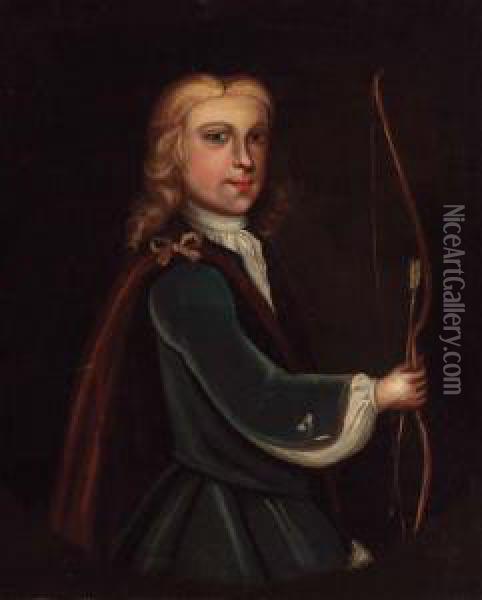 Portrait Of A Boy, Half-length, 
In A Blue Coat And White Shirt,holding A Bow And Arrow, Feigned Oval Oil Painting - Enoch Seeman