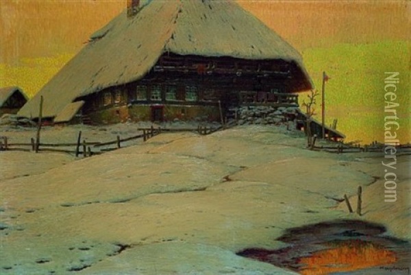Winterabend (schwarzwaldhaus In Verschneiter Landschaft) Oil Painting - Karl Hauptmann
