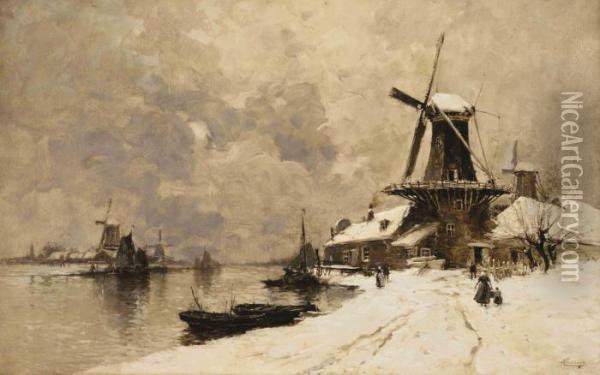 Windmills Along A Canal In Winter Oil Painting - Hendrick, Henri Cassiers