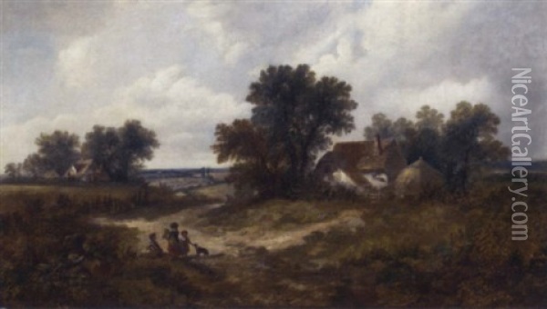 Children Before A Cottage, Surrey Oil Painting - James E. Meadows