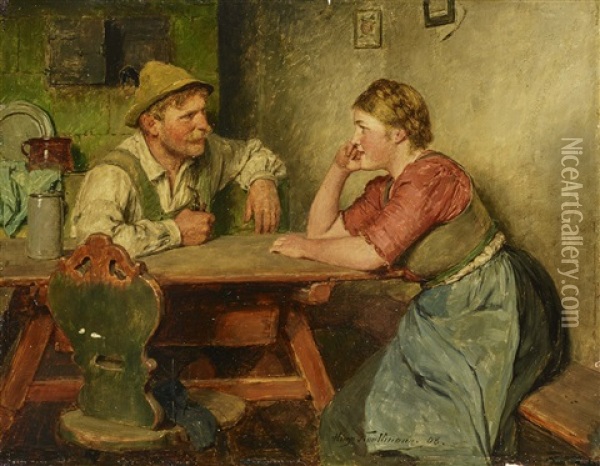 Man With Pipe And Girl Sitting At The Table Oil Painting - Hugo Wilhelm Kauffmann