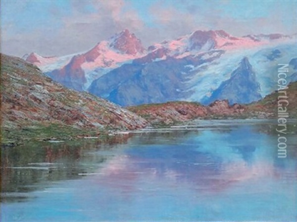 Vue De La Meije Depuis Le Lac Lerie, Plateau D'emparis Oil Painting - Charles Alexandre Bertier