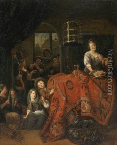 An Interior With A Woman Serving Meat And Wine, Children Playing On The Floor, And Figures Playing Cards In The Adjacent Room Oil Painting - Richard Brakenburg