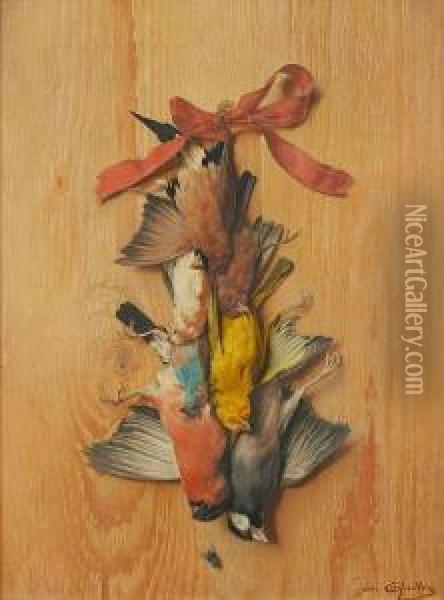 A Still Life Of Song Birds Hung By A Redribbon Oil Painting - Edward Quitton