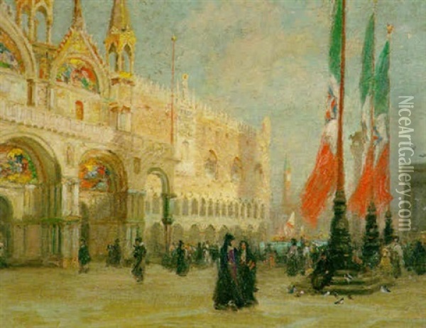 A View Of Piazza San Marco With Figures Gathered Outside The Doge's Palace, Venice Oil Painting - Edmund Henry Garrett