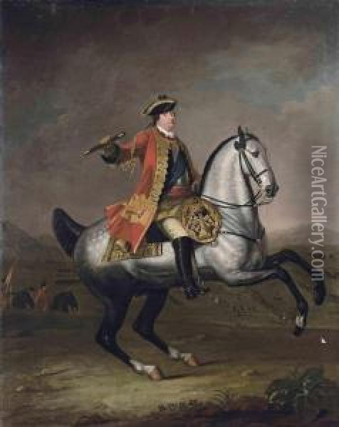 Equestrian Portrait Of Prince William Augustus, Duke Of Cumberland, In A Scarlet Military State Coat With The Ribbon Ofthe Garter Oil Painting - David Morier