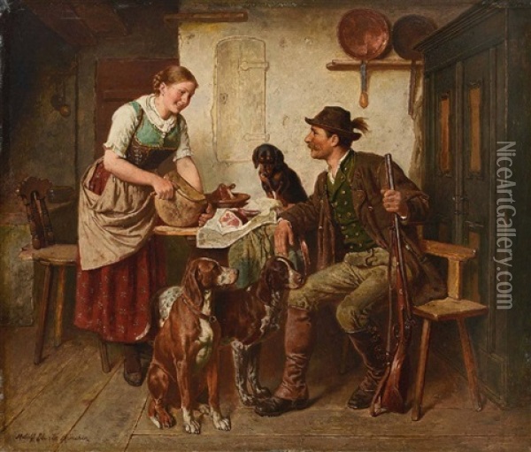 Dirndl Und Jager Bei Der Brotzeit Oil Painting - Adolf Eberle