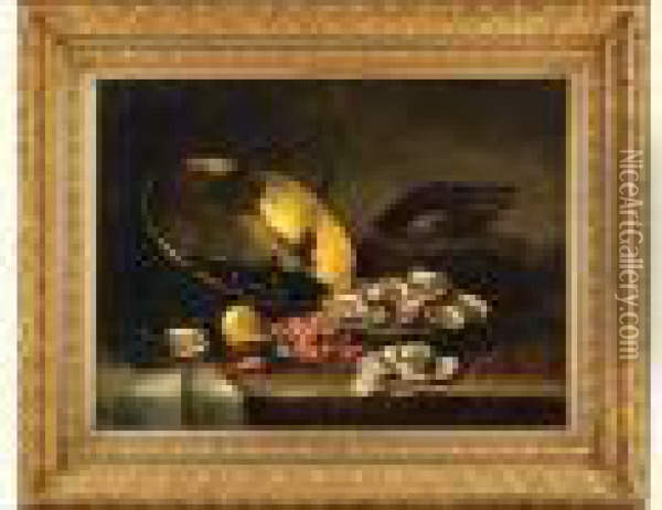 Nature Morte Aux Moules, Aux Huitres Et Aux Crevettes. Oil Painting - Alphonse de Neuville