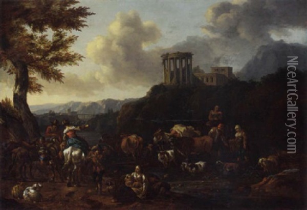 An Italiante Landscape With Drovers Fording A River, The Temple Of The Sibyl At Tivoli Beyond Oil Painting - Abraham Jansz. Begeyn
