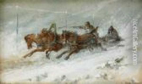 A Pair Of Winter Landscapes With Troikas Oil Painting - Nikolai Nikolaevich Karazin