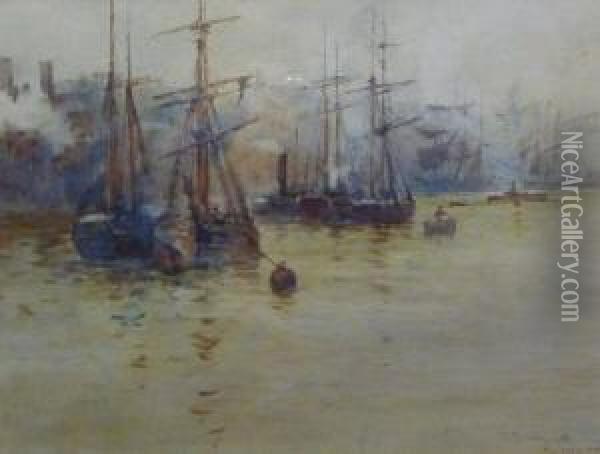 'sunderland' - Shipping In The Harbour Oil Painting - Frank Rousse