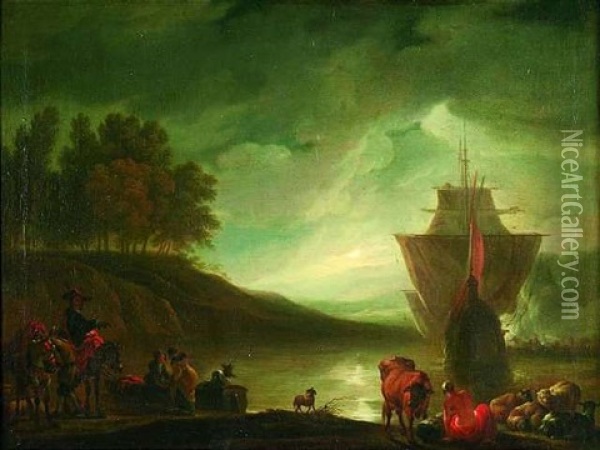 Italienische Kustenlandschaft Mit Einem Schiff Im Abendlicht Oil Painting - Adolf Friedrich Harper