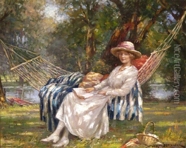 A Lady Reclining In A Hammock By The River Oil Painting - William Kay Blacklock