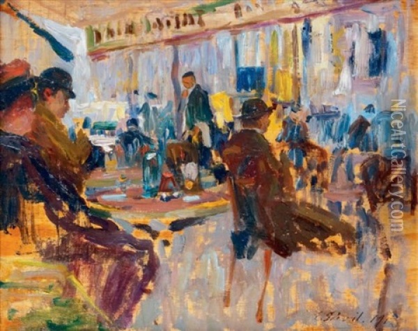 La Terrasse De La Brasserie Tourtellesur Les Grands Boulevards Oil Painting - Elie Anatole Pavil