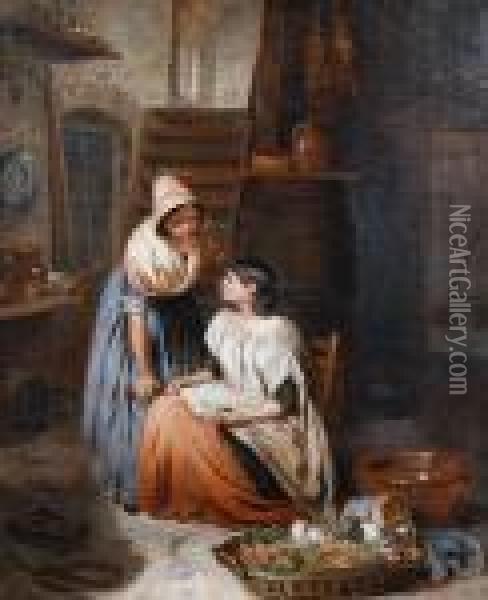 Two Girls In A Kitchen Interior Oil Painting - Thomas Webster