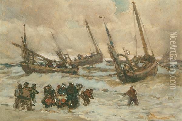 Fishing Boats And Figures On The North Atlantic Coast Oil Painting - Joseph Richard Bagshawe
