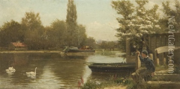 Punting Along The River Oil Painting - Edward J. Humphrey