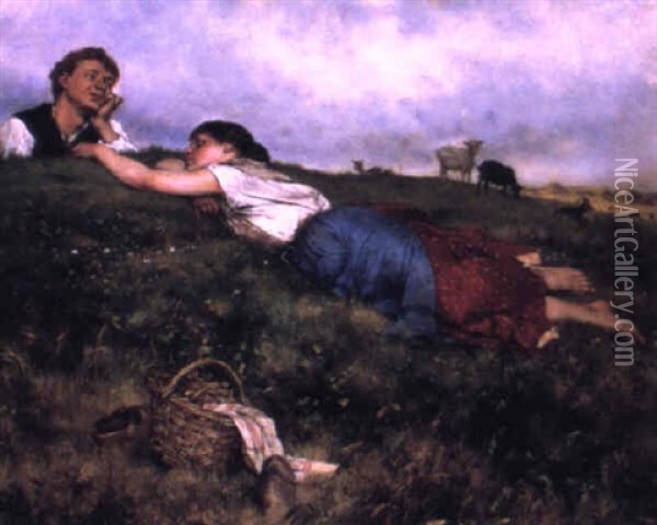 Young Lovers On A Hillside Oil Painting - Evariste Carpentier