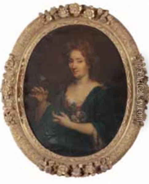Portrait En Buste D'une Femme De Qualite Une Fleur Dans Sa Main Droite Oil Painting - Pierre Mignard the Younger