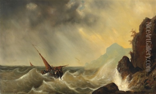 Schiff In Sturmischer See Oil Painting - Andreas Achenbach