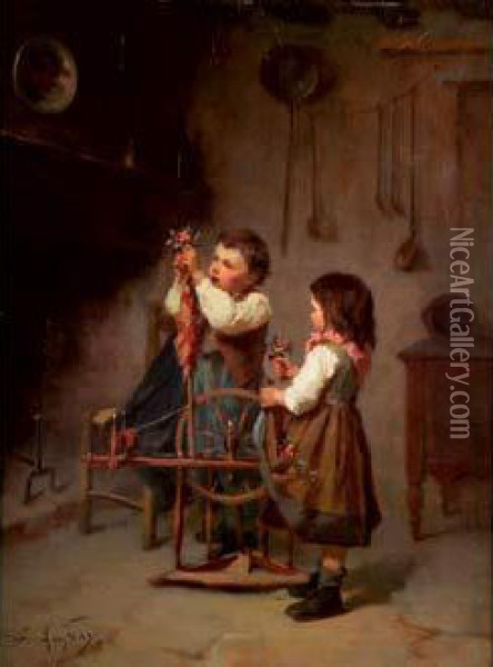 Enfants Jouant Avec Un Rouet Oil Painting - Joseph-Athanase Aufray