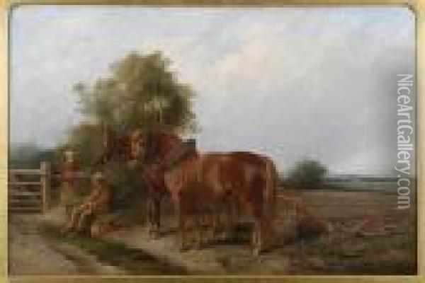 Plough Horses Resting At The Edge Of The Field Oil Painting - J. Duvall