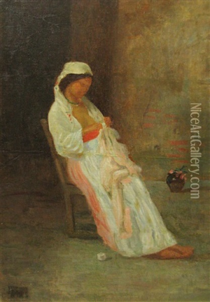 Woman Sewing Oil Painting - Pierre Bellet