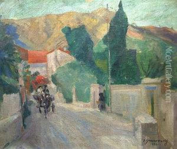 Horse And Cart With Figures Ona Village Street With Mountains Beyond Oil Painting - Sam Granowsky
