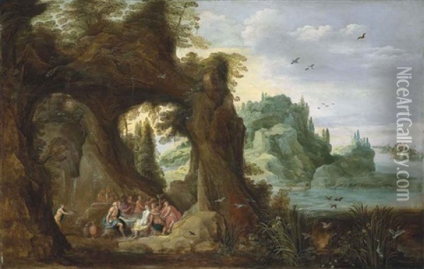 A Rocky, River Landscape With The Feast Of The Gods In A Cave In The Foreground, The Triumph Of Neptune And Amphitrite Beyond Oil Painting - Joos de Momper the Younger