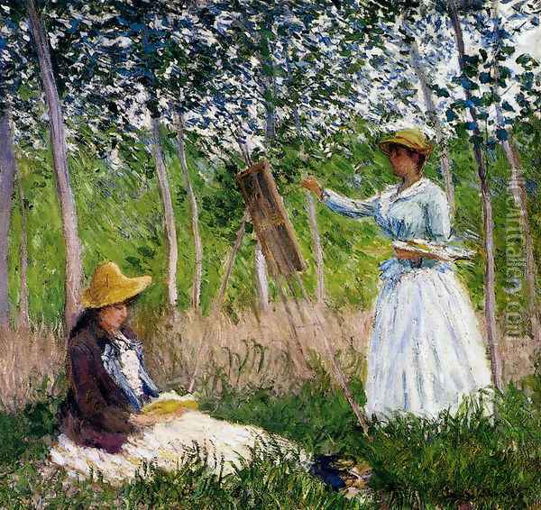In The Woods At Giverny - BlancheHoschede Monet At Her Easel With Suzanne Hoschede Reading Oil Painting - Claude Oscar Monet