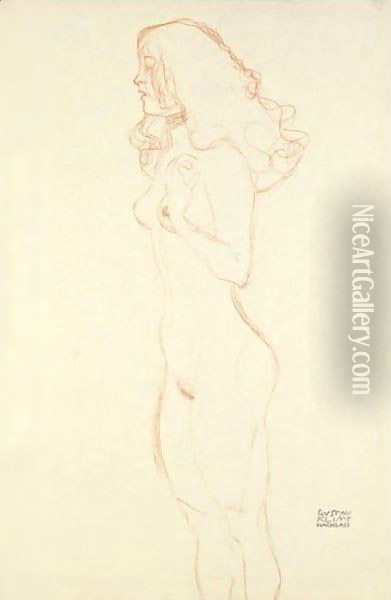 Stehender Madchenakt Mit Langen Haaren, Halsband, Die Linke Hand An Der Schulter Oil Painting - Gustav Klimt