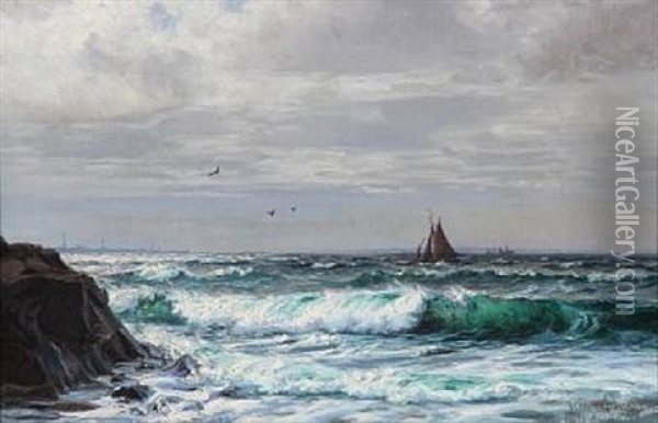 Costal Scene With Ships In The Sound, Denmark Oil Painting - Vilhelm Karl Ferdinand Arnesen