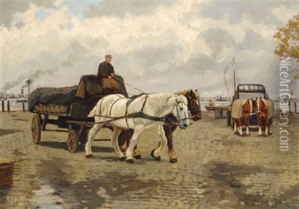 Horse-drawn Carts On The Quay Oil Painting - Gijsbertus Johannes Van Overbeek
