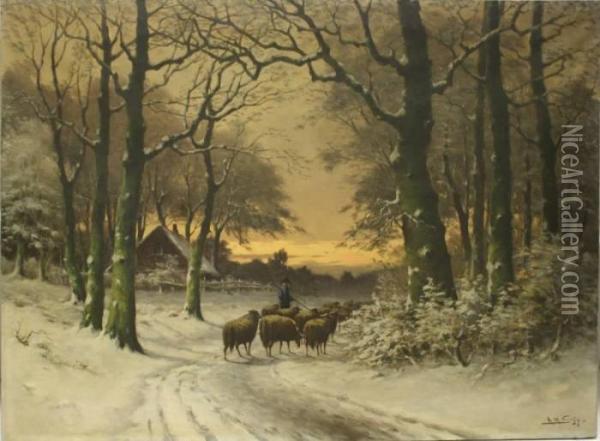 Herder Met Schapen In Sneeuwlandschap Oil Painting - Adriaan Marinus Geijp