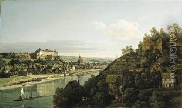 Pirna On The Elbe, With Schloss Sonnenstein, The Marienkirche And The Spire Of The Rathaus Oil Painting - Bernardo Bellotto