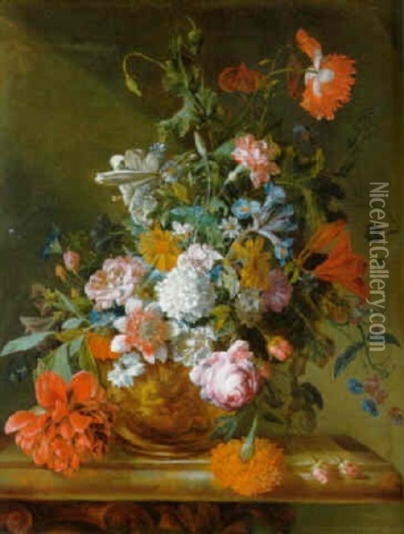 Flowers In A Sculpted Urn On A Plinth Oil Painting - Jan Van Huysum