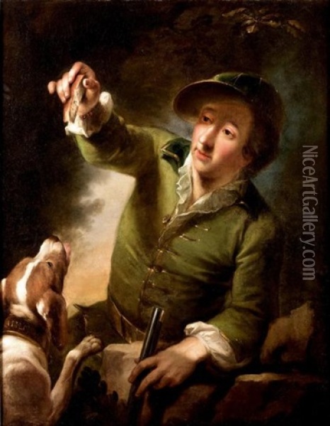 Portrait De Chasseur Avec Son Chien Oil Painting - Bernhard (Christian Bernhard) Rode