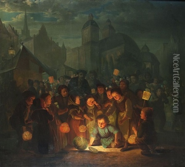 Martinsabend In Der Dusseldorfer Altstadt Oil Painting - Louis Toussaint